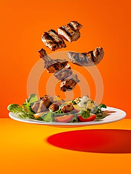 Generative AI Floating White plate with Mixed meat grilled and salad on orange gradient background business concep