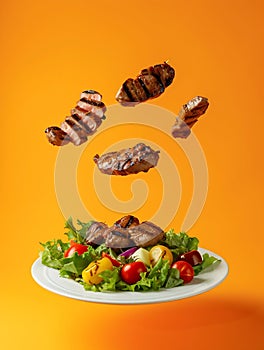 Generative AI Floating White plate with Mixed meat grilled and salad on orange gradient background business concep