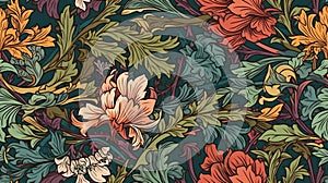 Generative AI, Floral colorful pattern. William Morris inspired natural plants and flowers background, vintage illustration.