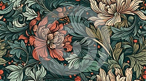 Generative AI, Floral colorful pattern. William Morris inspired natural plants and flowers background, vintage illustration.