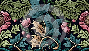 Generative AI, Floral colorful pattern. William Morris inspired natural plants and flowers background, vintage illustration.