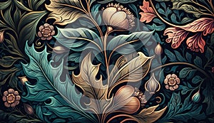 Generative AI, Floral colorful pattern. William Morris inspired natural plants and flowers background, vintage illustration.