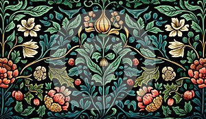 Generative AI, Floral colorful pattern. William Morris inspired natural plants and flowers background, vintage illustration.