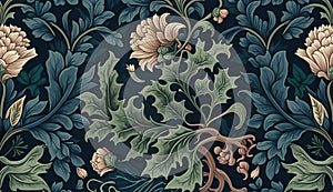 Generative AI, Floral colorful pattern. William Morris inspired natural plants and flowers background, vintage illustration.