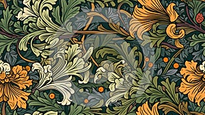 Generative AI, Floral colorful pattern. William Morris inspired natural plants and flowers background, vintage illustration.