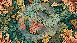 Generative AI, Floral colorful pattern. William Morris inspired natural plants and flowers background, vintage illustration.