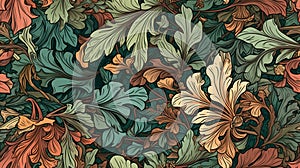 Generative AI, Floral colorful pattern. William Morris inspired natural plants and flowers background, vintage illustration.