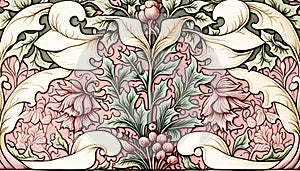 Generative AI, Floral colorful pattern. William Morris inspired natural plants and light pink flowers background, vintage