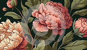 Generative AI, Floral colorful pattern. William Morris inspired natural plants and pink peony flowers background, vintage