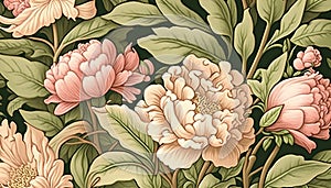 Generative AI, Floral colorful pattern. William Morris inspired natural plants and pink peony flowers background, vintage