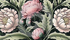 Generative AI, Floral colorful pattern. William Morris inspired natural plants and pink peony flowers background, vintage