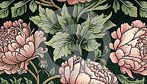 Generative AI, Floral colorful pattern. William Morris inspired natural plants and pink peony flowers background, vintage