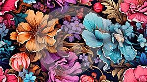 Generative AI, Floral colorful seamless pattern. Lisa Frank and James Jean inspired natural plants