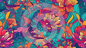 Generative AI, Floral colorful seamless pattern. Lisa Frank and James Jean inspired natural plants and flowers background,