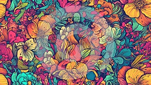 Generative AI, Floral colorful seamless pattern. Lisa Frank and James Jean inspired natural plants photo