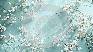 Generative AI Floral composition with light airy masses of small white flowers on turquoise blue background top vi photo