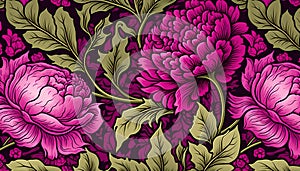 Generative AI, Floral pattern. William Morris inspired natural plants and viva magenta peony flowers background, vintage