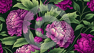 Generative AI, Floral pattern. William Morris inspired natural plants and viva magenta peony flowers background, vintage