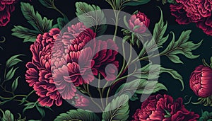 Generative AI, Floral pattern. William Morris inspired natural plants and viva magenta peony flowers background, vintage