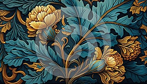 Generative AI, Floral yellow, blue, green colors pattern. William Morris inspired natural plants and flowers background, vintage