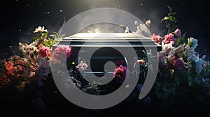 Generative AI, Flowers on a coffin in the funeral or burial services at cemetery