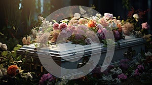 Generative AI, Flowers on a coffin in the funeral or burial services at cemetery