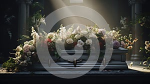 Generative AI, Flowers on a coffin in the funeral or burial services at cemetery