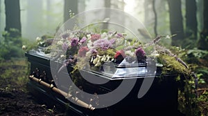 Generative AI, Flowers on a coffin in the funeral or burial services at cemetery