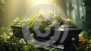 Generative AI, Flowers on a coffin in the funeral or burial services at cemetery, casket
