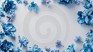 Generative AI Flowers composition Frame made of blue flowers on white background Easter spring concept Flat lay to