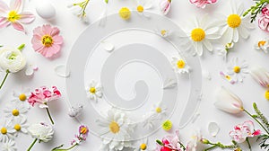 Generative AI Flowers composition oh white background with spring flowers Easter concept with copy spase Flat lay