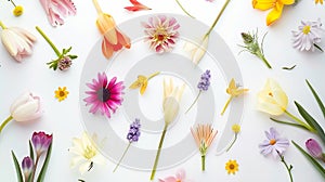 Generative AI Flowers composition oh white background with spring flowers Easter concept with copy spase Flat lay