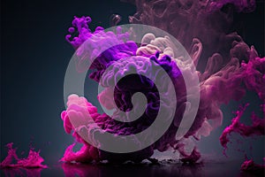 Generative AI, Flowing liquid and smoke with splashes in magenta and purple color. Bright pink fluid banner, 3D effect, modern