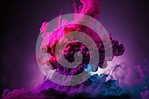 Generative AI, Flowing liquid and smoke with splashes in magenta and purple color. Bright pink fluid banner, 3D effect, modern