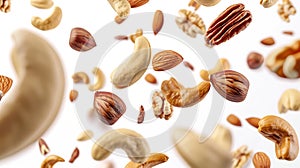 Generative AI Flying cashew, almond, hazelnut, pecan and brazil nuts falling  on white background. Nut mix