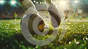 Generative AI Football World Championship Soccer Player Runs to Kick the Ball Ball on the Grass Field of Arena Ful