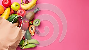 Generative AI Fresh fruit and vegetables in paper bag on pastel pink background top view copy space Food groceries