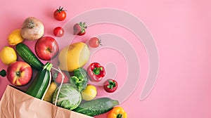 Generative AI Fresh fruit and vegetables in paper bag on pastel pink background top view copy space Food groceries