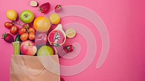 Generative AI Fresh fruit and vegetables in paper bag on pastel pink background top view copy space Food groceries