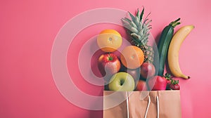 Generative AI Fresh fruit and vegetables in paper bag on pastel pink background top view copy space Food groceries