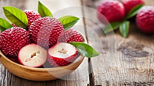 Generative AI Fresh and Juicy Lychee Fruit Displayed in a Beautiful Wooden Bowl with Vibrant Green Leaves business photo