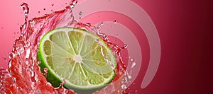 Generative AI, Fresh lime macro, grapefruit slice in water splash, green and pink