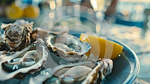 Generative AI Fresh Oysters closeup on blue plate served table with oysters lemon and ice Healthy sea food Oyster