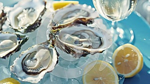 Generative AI Fresh Oysters closeup on blue plate served table with oysters lemon and ice Healthy sea food Oyster