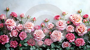 Generative AI Fresh pink roses border isolated on white background business concept.