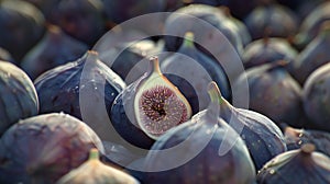 Generative AI Fresh slice of fig lying on a heap of ripe figs Heap of tasty organic figs business concept.