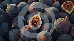Generative AI Fresh slice of fig lying on a heap of ripe figs Heap of tasty organic figs business concept.