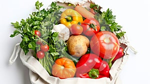 Generative AI Fresh vegetables in a bio bag on a white background Top view flat lay Banner business concept.
