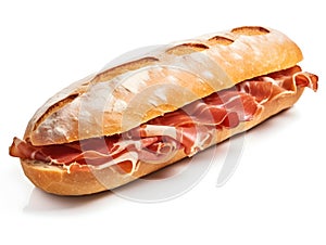 Generative AI. Freshly Baked Baguette Sandwich With Sliced Prosciutto on a White Background