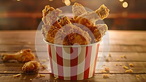 Generative AI Fried Chicken wings and legs Bucket full of crispy kentucky fried chicken on brown background busine